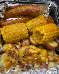 Buttery corn, sausage and potatoes from a seafood boil
