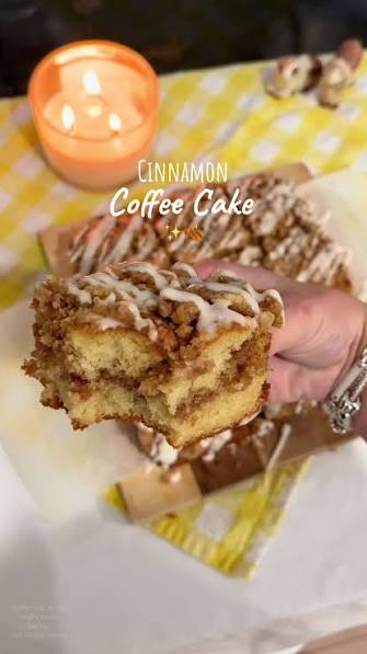 Cinnamon coffee cake slice with icing drizzle