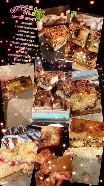 Collage of Chef Roc coffee cake flavors and the handwritten flavor list