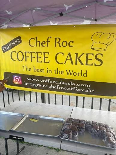 Chef Roc Coffee Cakes yellow banner at the street stand
