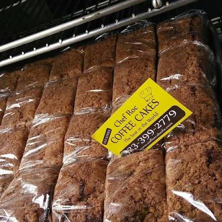 Wrapped Chef Roc coffee cakes lined up on a tray