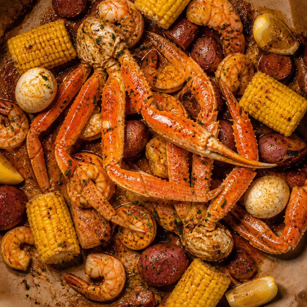 Louisiana seafood boil with crab legs, shrimp, corn and sausage